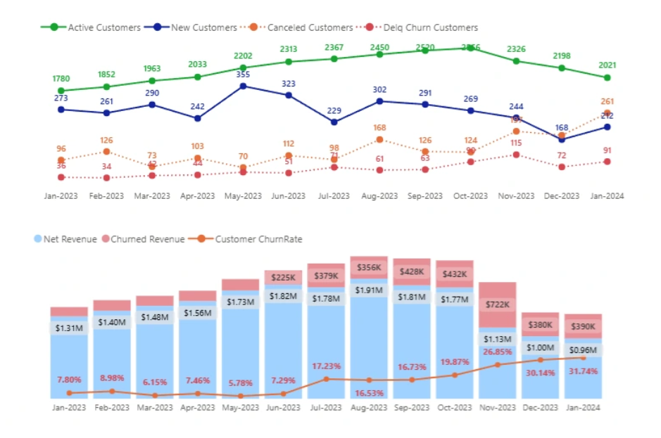 Line and bar charts showing monthly active, new, canceled, and delinquent customers alongside net revenue, churned revenue, and churn rate from Jan 2023 to Jan 2024.
